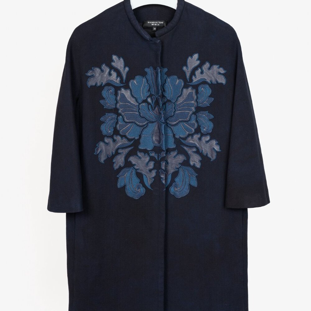 Shanghai Tang Mandarin Collar Embossed Navy Blue Coat
